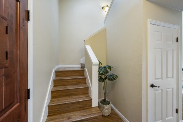 Front door, beginning of stairs, and small cubby between stairs and wall