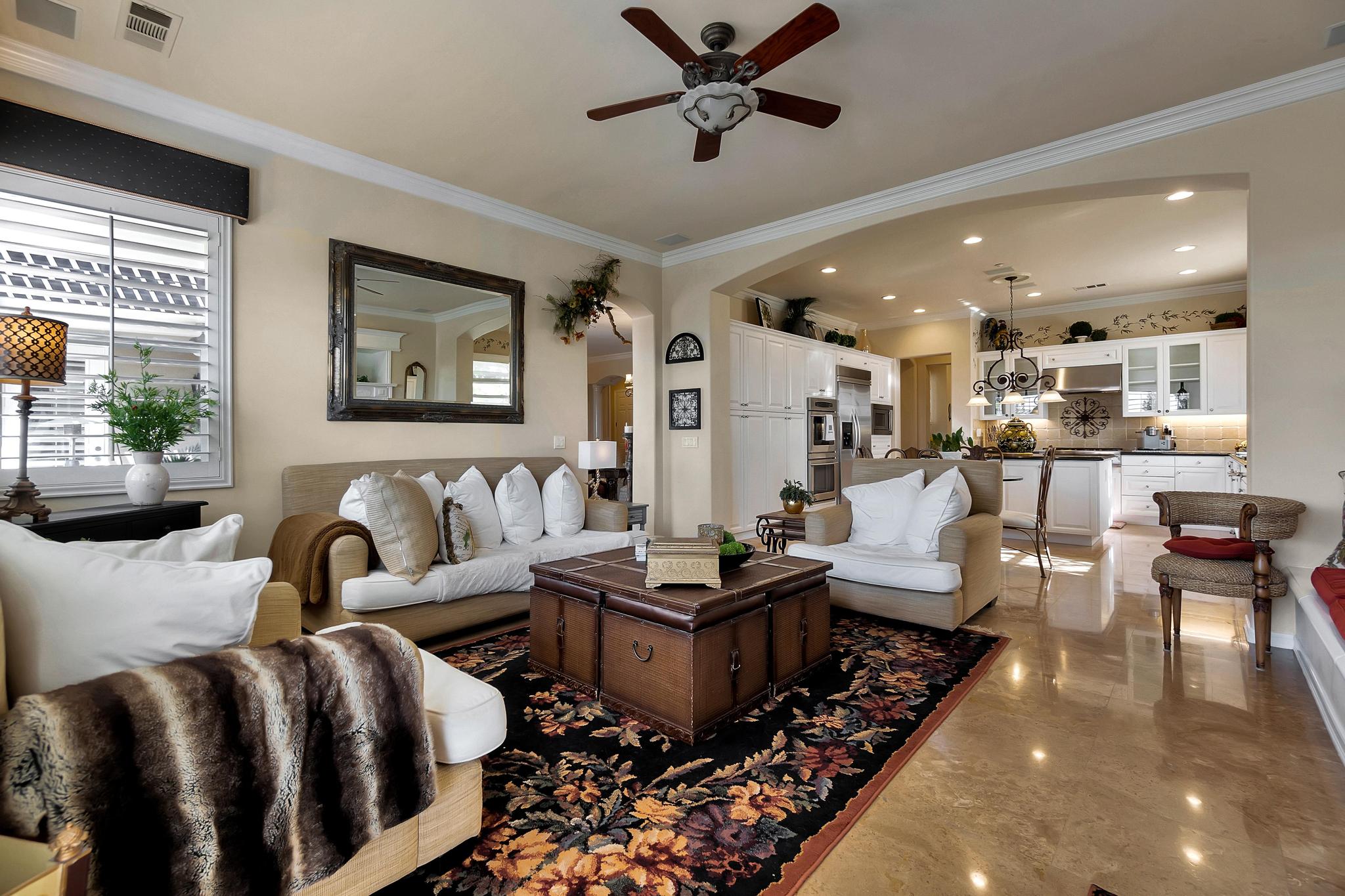 Tuscan-Inspired Olinda Ranch Villa – 467 Tangerine Place, Brea, CA 92823 - Living Room and Kitchen