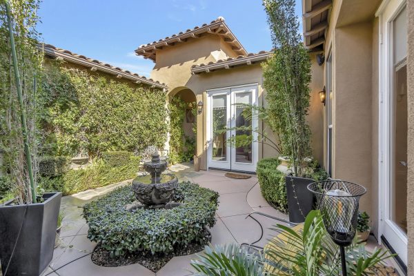 Tuscan-Inspired Olinda Ranch Villa – 467 Tangerine Place, Brea, CA 92823 - View of Front Fountain, Fountain and French Doors