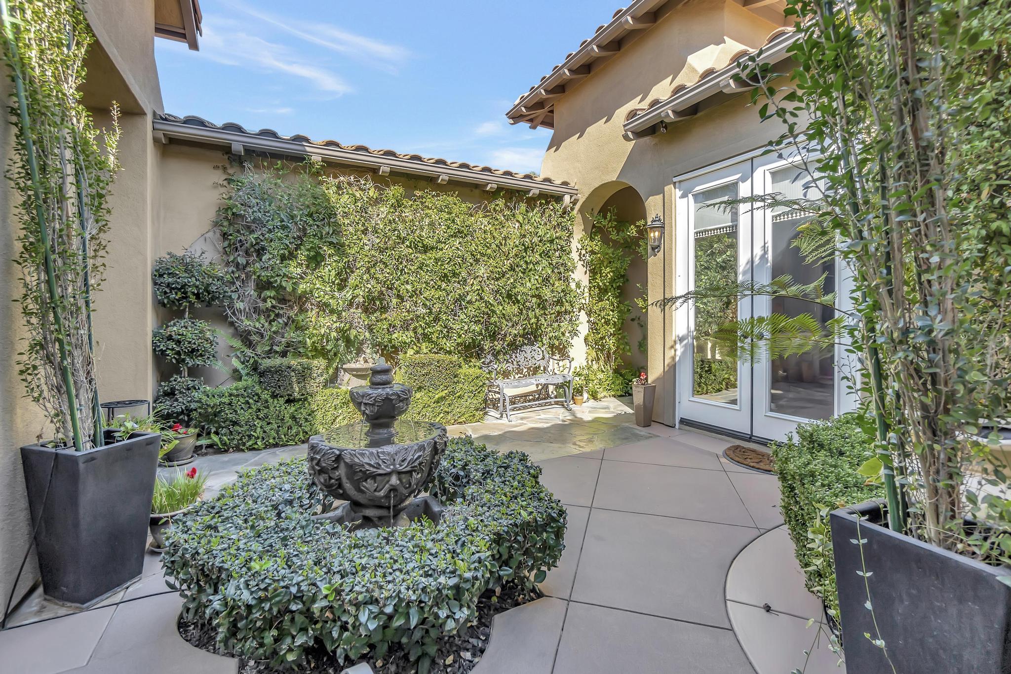Tuscan-Inspired Olinda Ranch Villa – 467 Tangerine Place, Brea, CA 92823 - View of Front Fountain, French Doors and Fountain