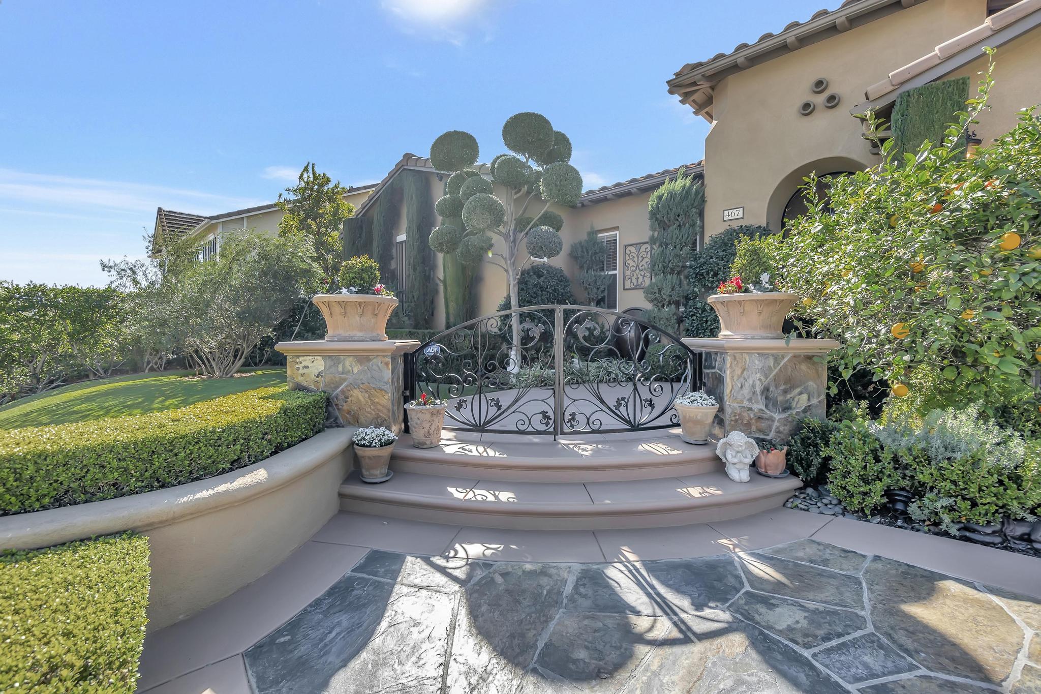Tuscan-Inspired Olinda Ranch Villa – 467 Tangerine Place, Brea, CA 92823 - Front Facing View of Front Gate and Steps