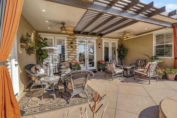 Tuscan-Inspired Olinda Ranch Villa – 467 Tangerine Place, Brea, CA 92823 - Angled View of Patio Furniture and Back French Doors