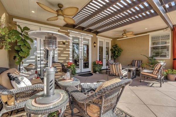 Tuscan-Inspired Olinda Ranch Villa – 467 Tangerine Place, Brea, CA 92823 - Angled View of Patio Furniture, Three French Doors and Window