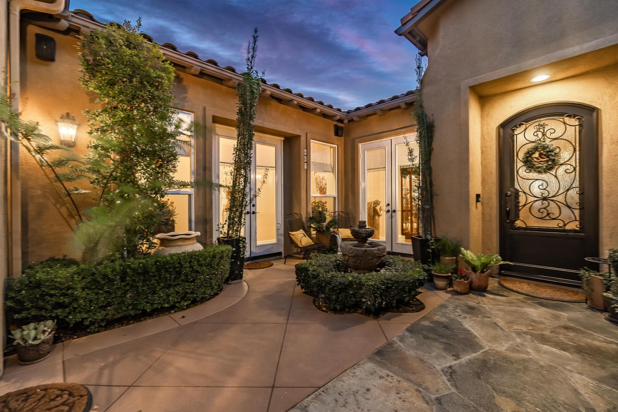 Tuscan-Inspired Olinda Ranch Villa – 467 Tangerine Place, Brea, CA 92823 - Angled View of Front Door, Fountain and French Doors