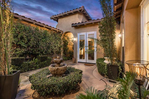 Tuscan-Inspired Olinda Ranch Villa – 467 Tangerine Place, Brea, CA 92823 - Angled View of Front Entrance Walkway, Fountain and French Doors