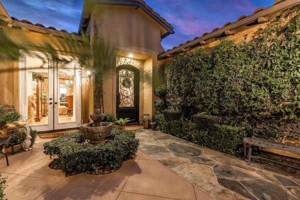 Tuscan-Inspired Olinda Ranch Villa – 467 Tangerine Place, Brea, CA 92823 - Angled View of Front Door, Wall, Fountain, French Doors