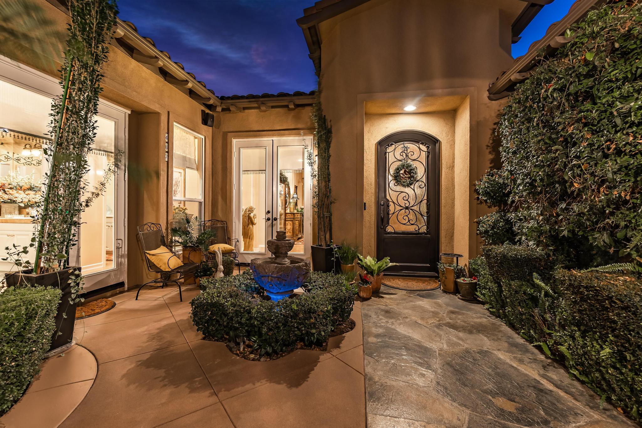 Tuscan-Inspired Olinda Ranch Villa – 467 Tangerine Place, Brea, CA 92823 - View of Walkway to Front Entrance, Fountain and Windows/French Doors