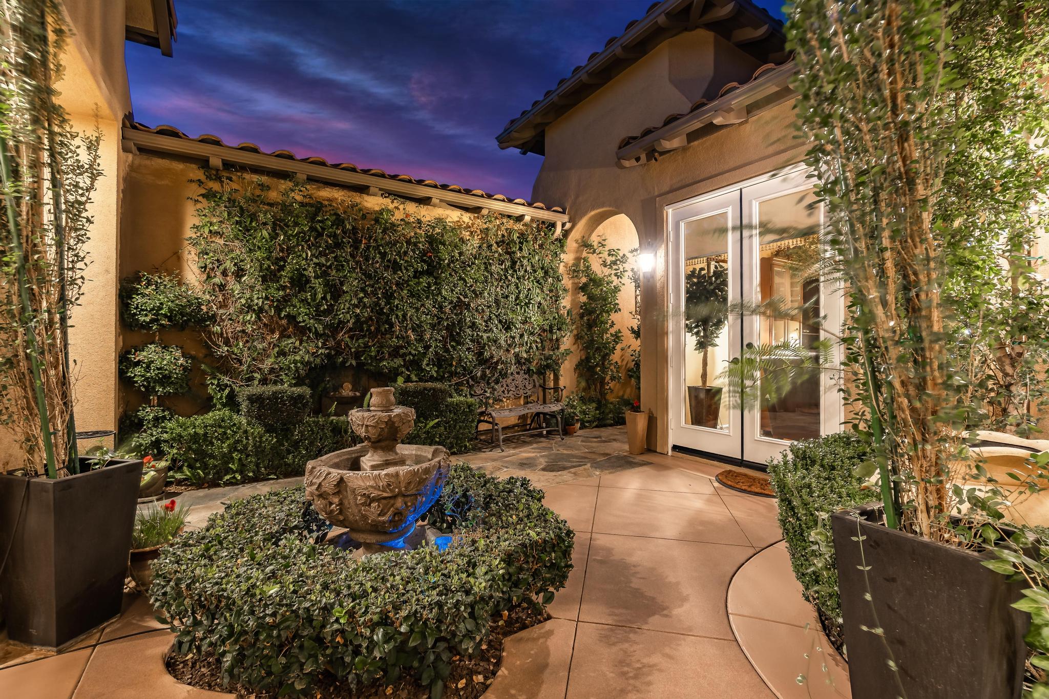 Tuscan-Inspired Olinda Ranch Villa – 467 Tangerine Place, Brea, CA 92823 - Angled View of Front Entrance, Fountain & French Doors