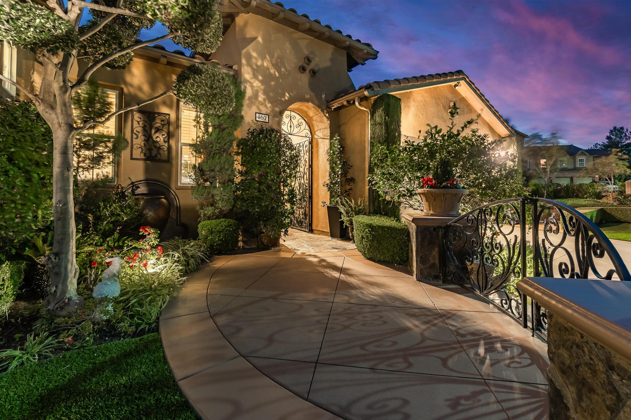 Tuscan-Inspired Olinda Ranch Villa – 467 Tangerine Place, Brea, CA 92823 - Angled View of Walkway to Front Entranceway