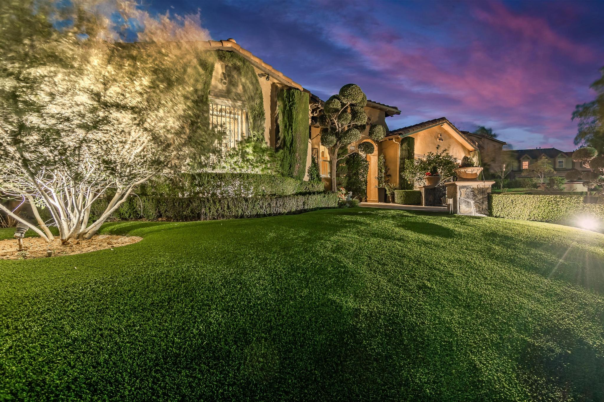 Tuscan-Inspired Olinda Ranch Villa – 467 Tangerine Place, Brea, CA 92823 - Angled View of Front Entrance with Lawn