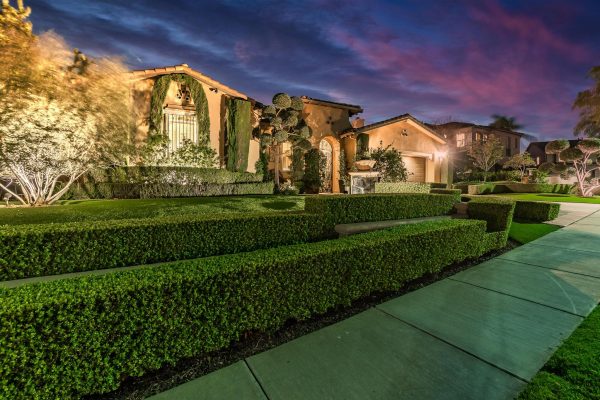 Tuscan-Inspired Olinda Ranch Villa – 467 Tangerine Place, Brea, CA 92823 - Angled View of Front House and Landscaping from Sidewalk