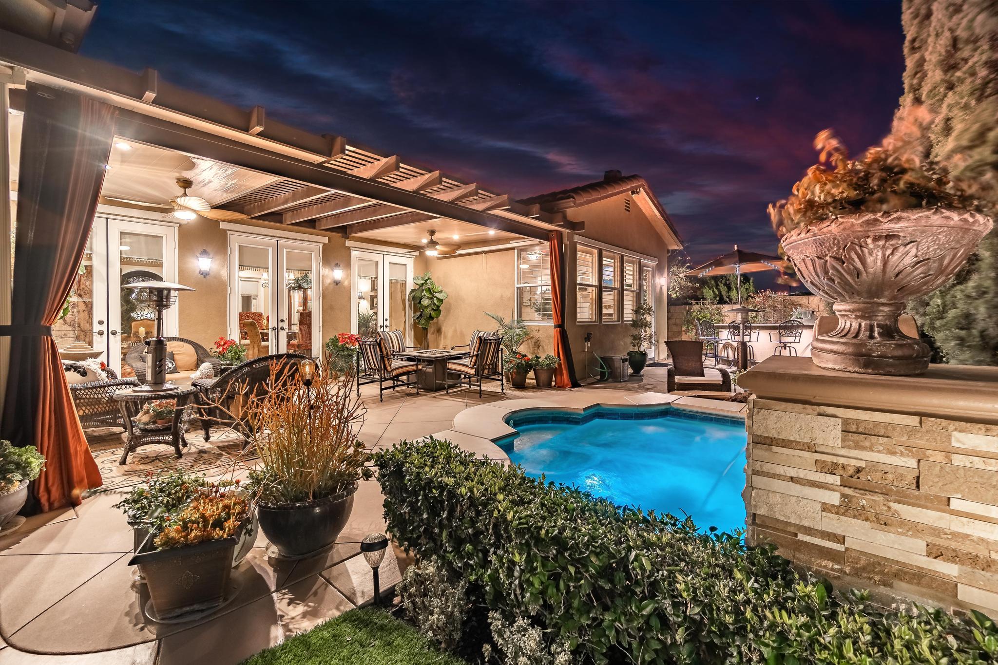 Tuscan-Inspired Olinda Ranch Villa – 467 Tangerine Place, Brea, CA 92823 - Patio Entrance view from Pool - Angled