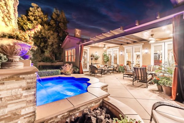 Tuscan-Inspired Olinda Ranch Villa – 467 Tangerine Place, Brea, CA 92823 - Patio Furniture/Entrance View from the Pool