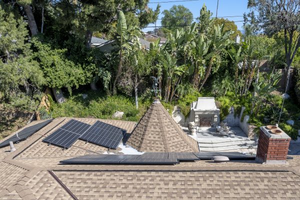 806 N. Adlena Drive, Fullerton, CA 92833: Aerial view of roof, solar panels and outdoor fireplace.