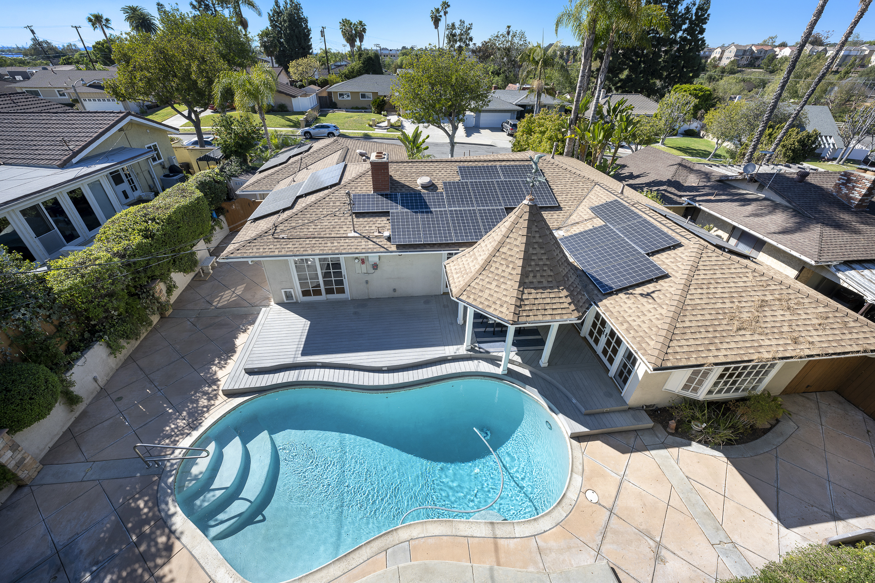 806 N. Adlena Drive, Fullerton, CA 92833: Aerial view of pool and back of house, solar panels.